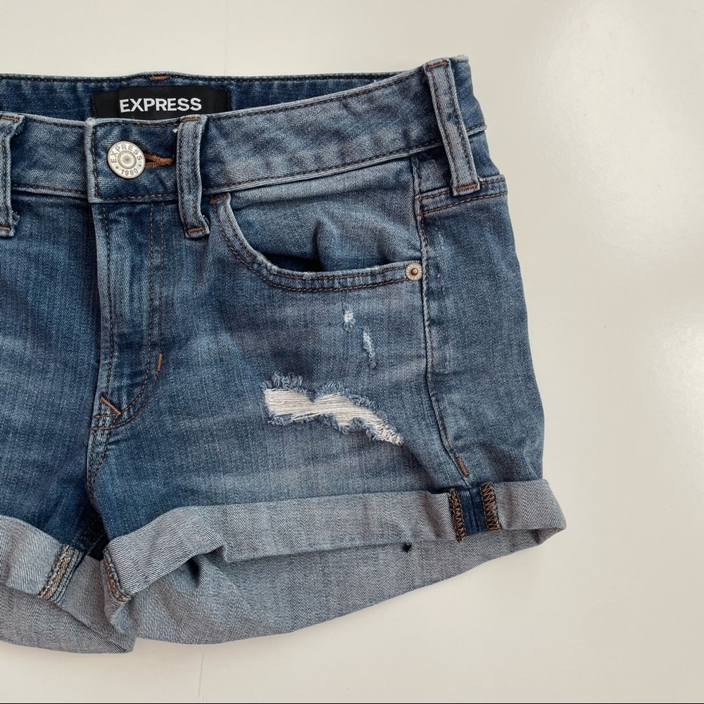 Express Women's Distressed Denim Jean Shorts - Blue - Picture 3 of 8